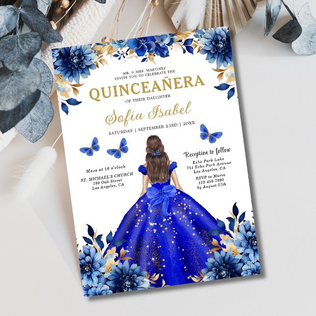 Floral Royal Blue Butterfly Princess Quinceanera Invitation (Creator Uploaded)