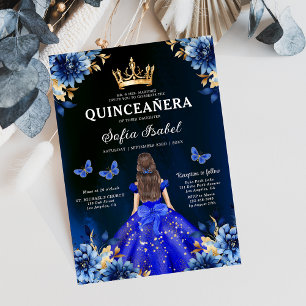 Floral Royal Blue Butterfly Princess Quinceanera Invitation