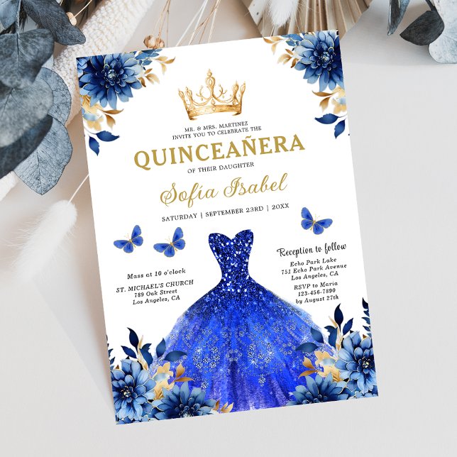 Floral Royal Blue Butterfly Princess Quinceanera Invitation (Creator Uploaded)