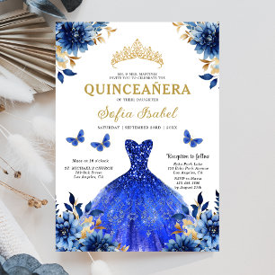 Floral Royal Blue Butterfly Princess Quinceanera Invitation