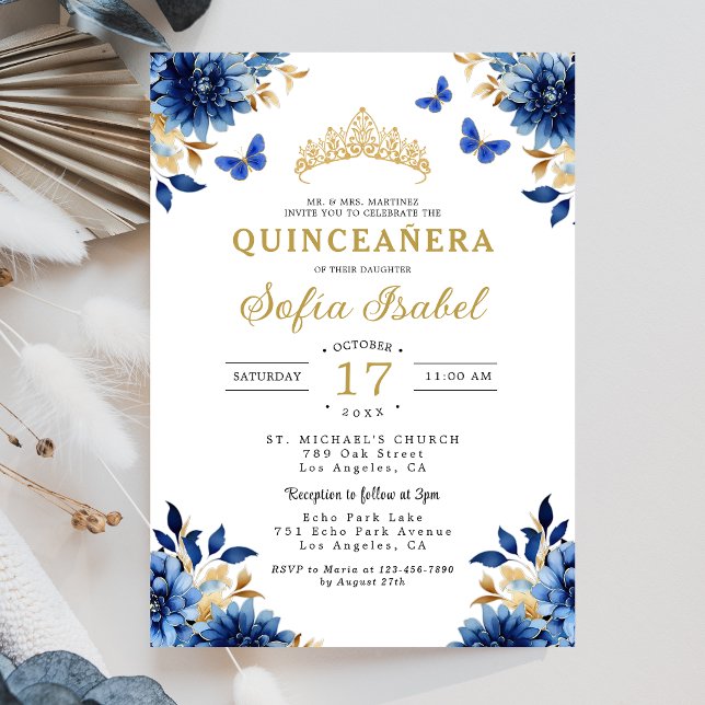 Floral Royal Blue Butterfly Princess Quinceanera Invitation (Creator Uploaded)