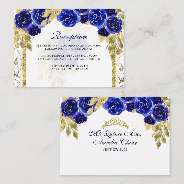 Floral Royal Blue Gold Arch Quinceañera Enclosure Card (Front/Back)