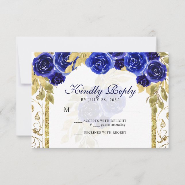 Floral Royal Blue Gold Arch Quinceañera RSVP Card (Front)