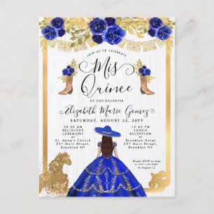 Floral Royal Blue Gold Charra Princess Quinceanera Invitation Postcard