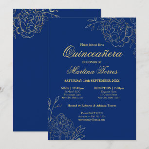 Floral Royal Blue Gold Fine Art Quinceanera Invitation