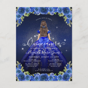 Floral Royal Blue Gold Glam Princess Quinceanera Postcard