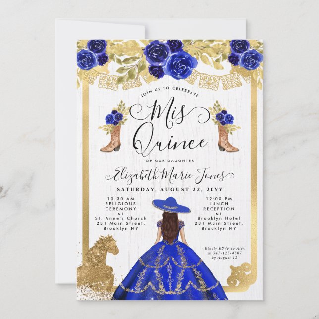 Floral Royal Blue Gold Horse Charra Quinceanera Invitation (Front)