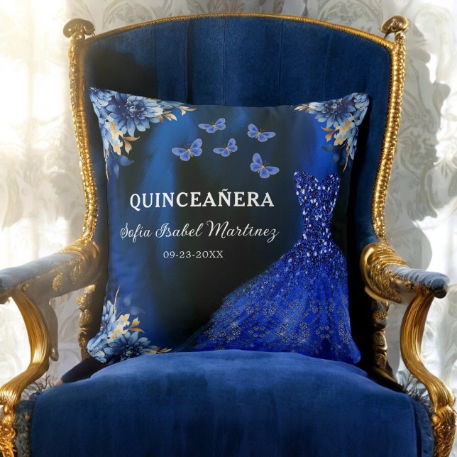 Floral Royal Blue Gold Princess Quinceanera Cushion (Creator Uploaded)