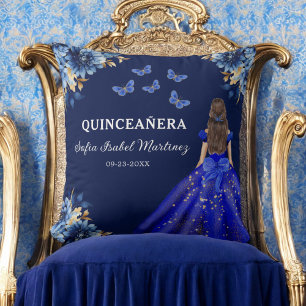 Floral Royal Blue Gold Princess Quinceanera Cushion