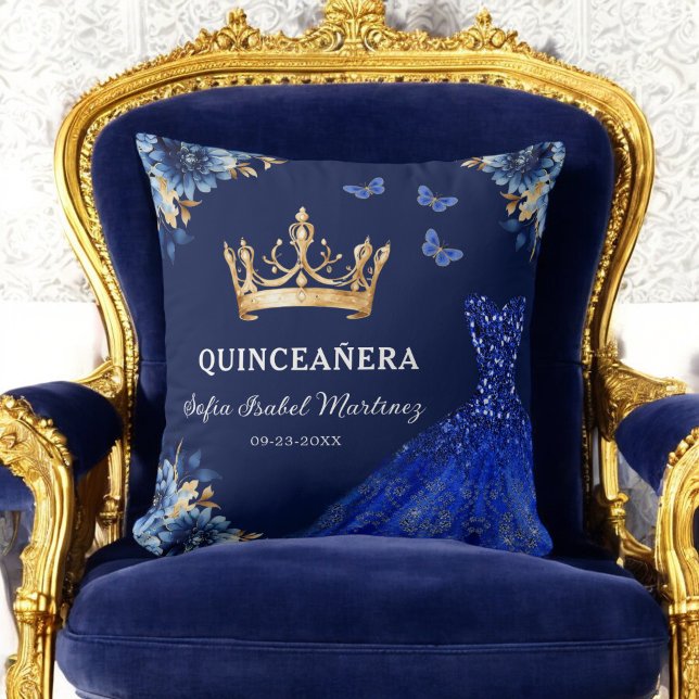 Floral Royal Blue Gold Princess Quinceanera Cushion (Creator Uploaded)