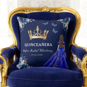 Floral Royal Blue Gold Princess Quinceanera Cushion