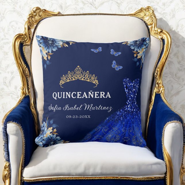Floral Royal Blue Gold Princess Quinceanera Cushion (Creator Uploaded)
