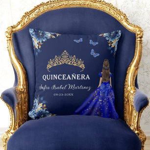 Floral Royal Blue Gold Princess Quinceanera Cushion