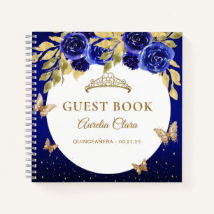 Floral Royal Blue Gold Tiara Butterfly  Guest Book