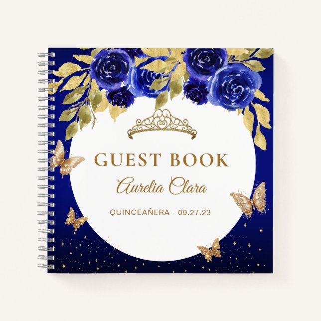 Floral Royal Blue Gold Tiara Butterfly  Guest Book (Front)