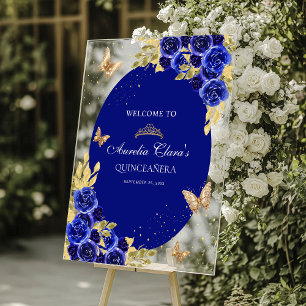 Floral Royal Blue Gold Tiara Butterfly Quinceañera Acrylic Sign