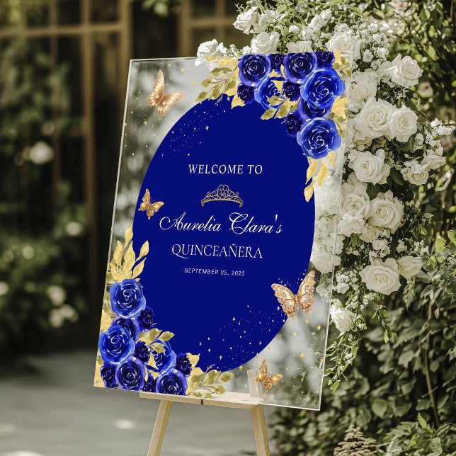 Floral Royal Blue Gold Tiara Butterfly Quinceañera Acrylic Sign (Creator Uploaded)