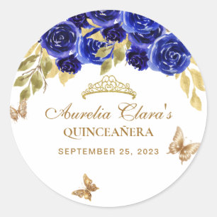 Floral Royal Blue Gold Tiara Butterfly Quinceañera Classic Round Sticker