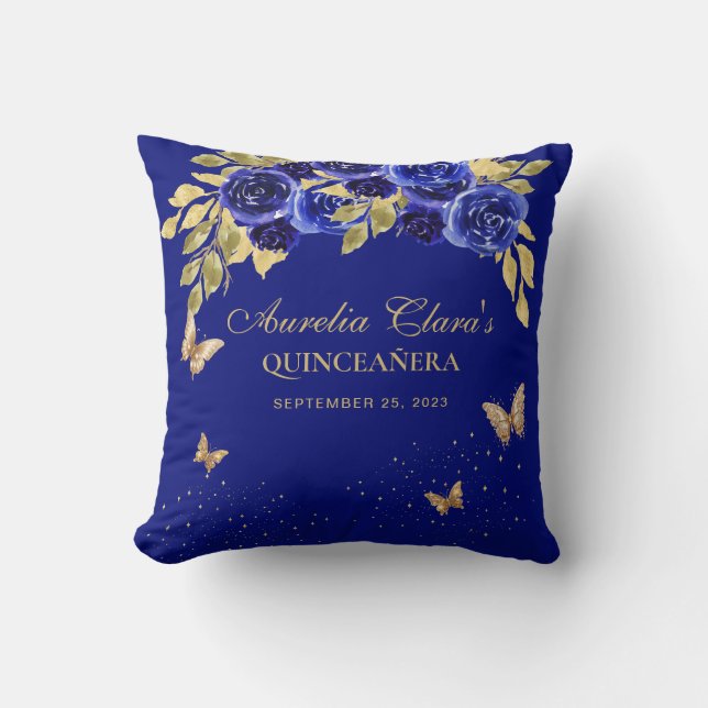 Floral Royal Blue Gold Tiara Butterfly Quinceanera Cushion (Front)