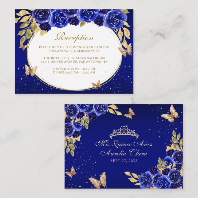 Floral Royal Blue Gold Tiara Butterfly Quinceañera Enclosure Card (Front/Back)