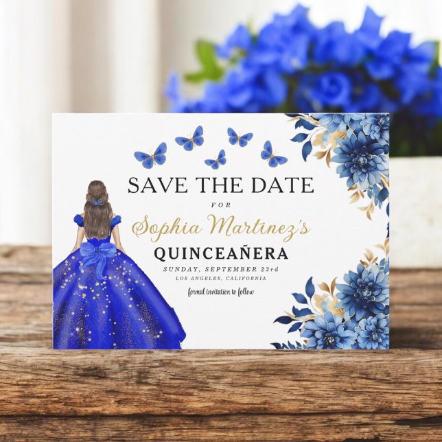Floral Royal Blue Princess Birthday Quinceanera Save The Date (Creator Uploaded)