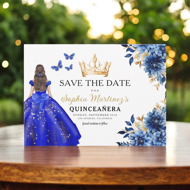 Floral Royal Blue Princess Birthday Quinceanera Save The Date (Creator Uploaded)