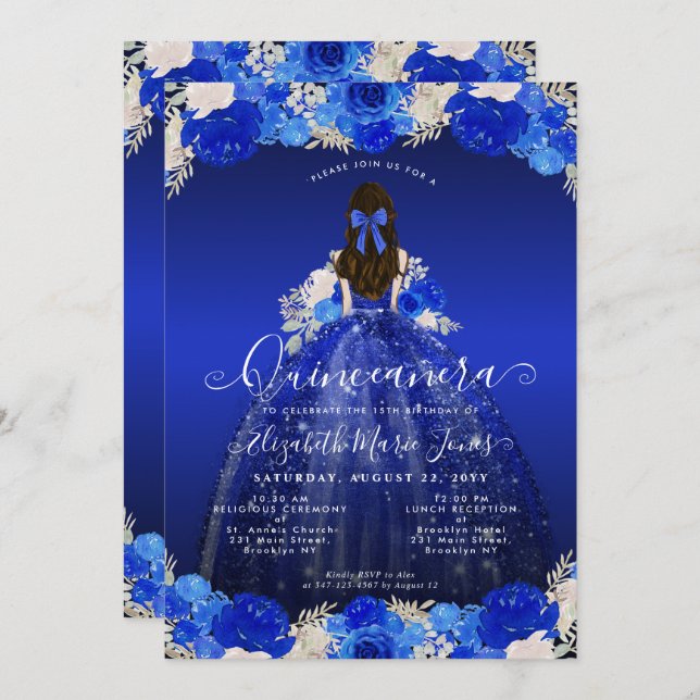 Floral Royal Blue Princess Dress Gown Quinceanera Invitation (Front/Back)