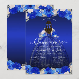 Floral Royal Blue Princess Dress Gown Quinceanera Invitation