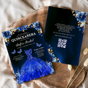 Floral Royal Blue QR Code Princess Quinceanera Invitation