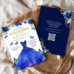 Floral Royal Blue QR Code Princess Quinceanera Invitation