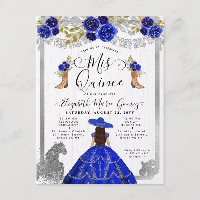 Floral Royal Blue Silver Charra Horse Quinceanera Invitation Postcard (Front)