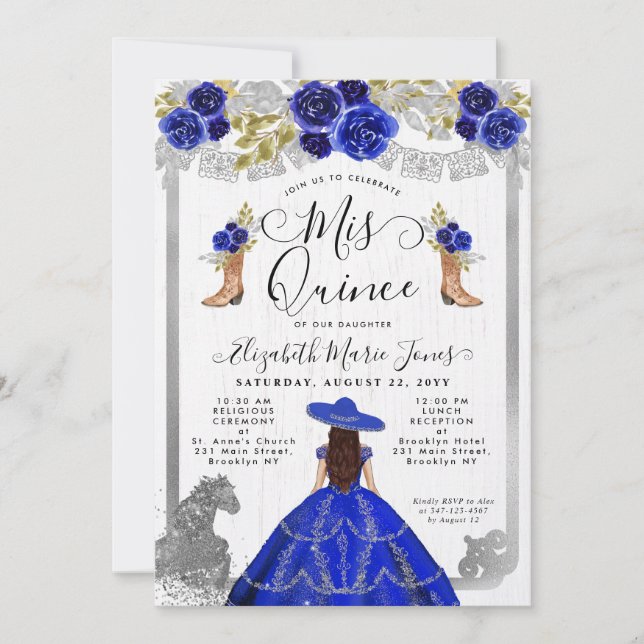 Floral Royal Blue Silver Horse Charra Quinceanera Invitation (Front)