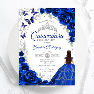 Floral Royal Blue Silver Quinceanera Invitation