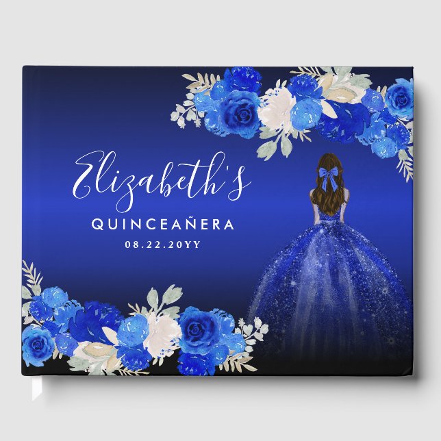 Floral Royal Dark Blue Dress Birthday Quinceanera Guest Book (Front)