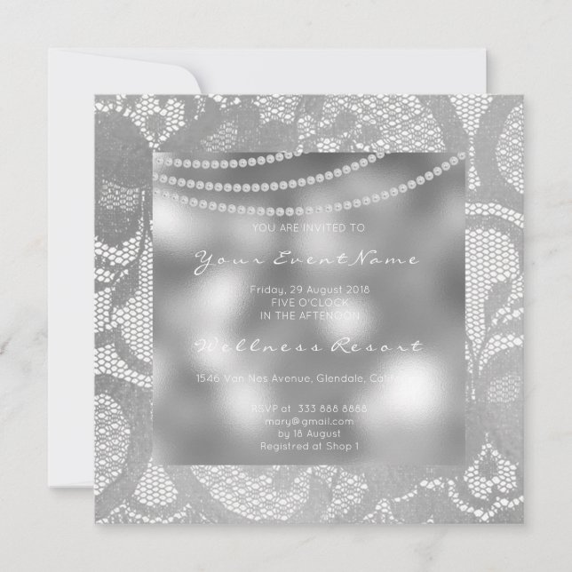 Floral Royal Silver Glass Gray Lace Bridal Shower Invitation (Front)