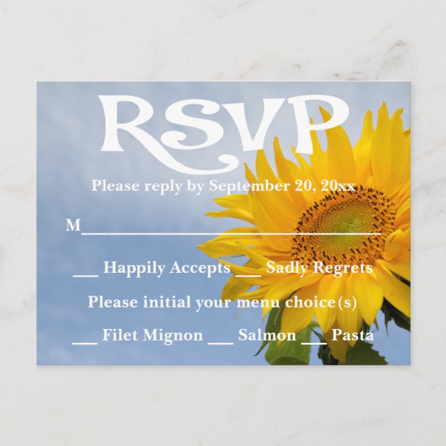 Floral RSVP Yellow Sunflower & Blue Wedding Party Invitation Postcard (Front)