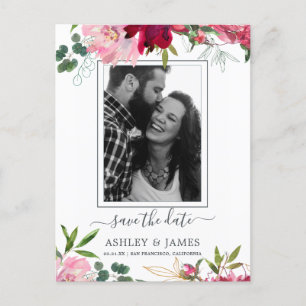 Floral Ruby Pink Peony Bouquet Photo Save the Date Announcement Postcard