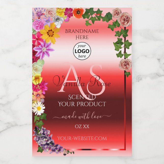 Floral Ruby Red Ombre Product Labels Monogram Logo (Single Label)