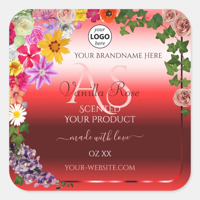 Floral Ruby Red Ombre Product Labels Monogram Logo (Front)