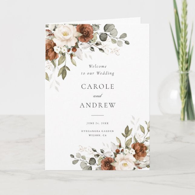 Floral Rust Beige Gold Greenery Folded Wedding Programme (Front)