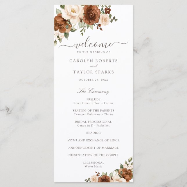 Floral Rust Blush Peach Greenery Wedding Program Programme (Front)