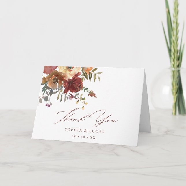 Floral Rust Burgundy Fall Wedding Thank You Card (Front)