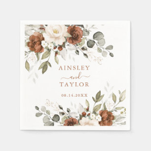 Floral Rust Cream Greenery Gold Wedding Napkin
