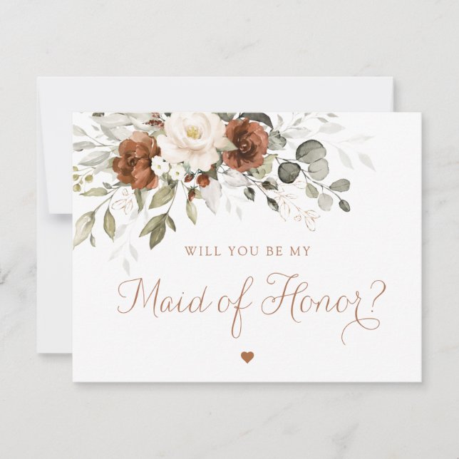 Floral Rust Cream Greenery Maid of Honour Card (Front)