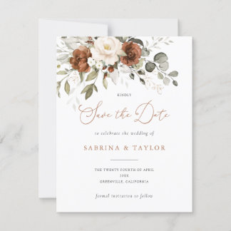 Floral Rust Cream Greenery Wedding Save The Date Invitation