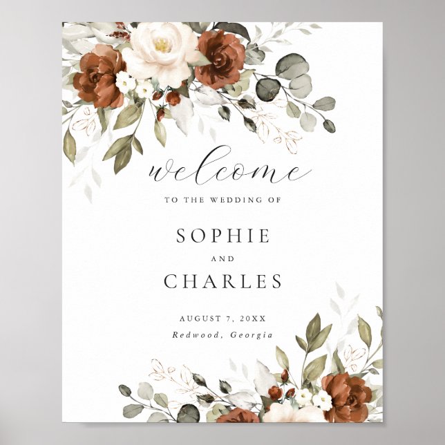 Floral Rust Cream Greenery Wedding Welcome Sign (Front)