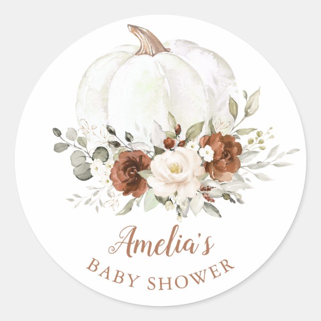 Floral Rust Cream Pumpkin Baby Shower Classic Round Sticker (Front)