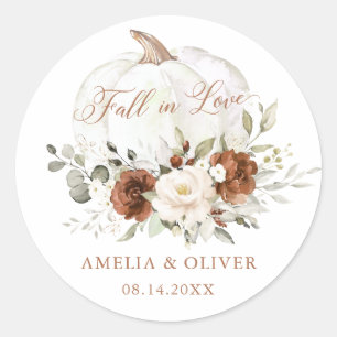 Floral Rust Cream Pumpkin Fall in Love Wedding Classic Round Sticker