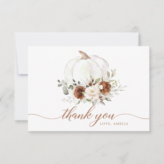 Floral Rust Cream Pumpkin Fall Thank You Card (Front)
