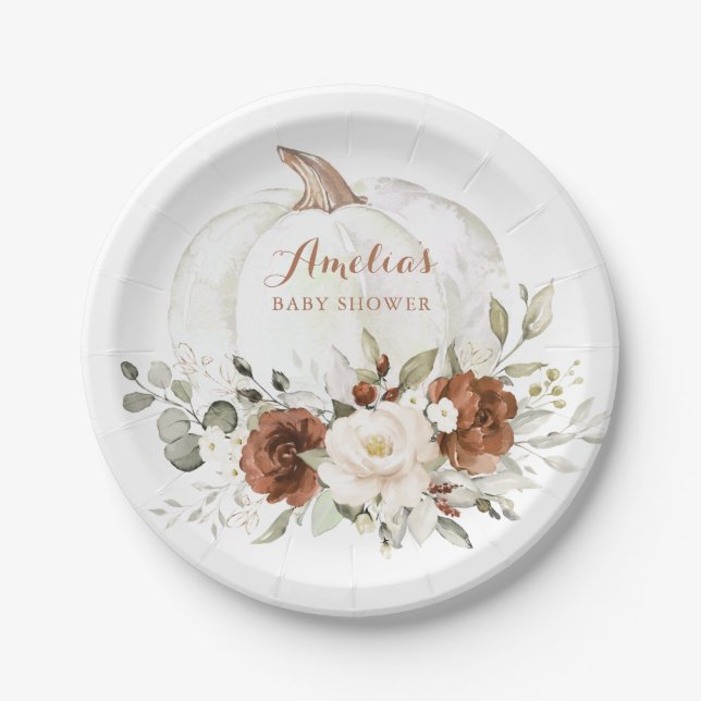 Floral Rust Greenery Pumpkin Fall Baby Shower Paper Plate (Front)